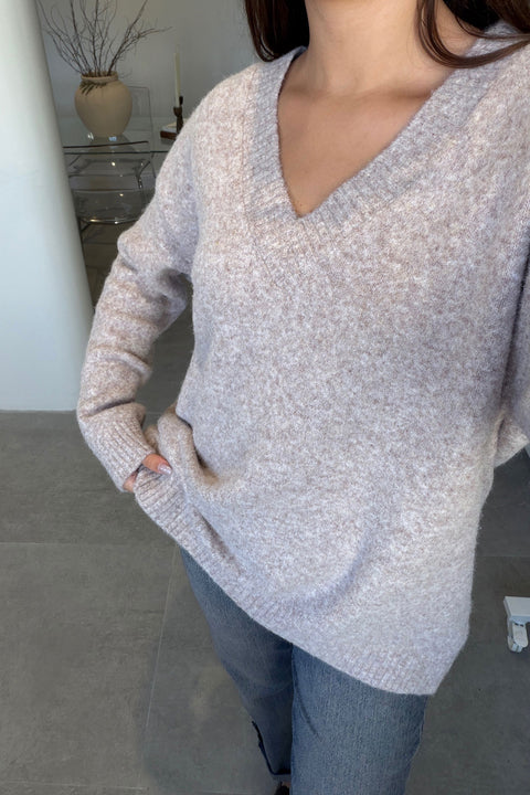Oversize V Yaka Triko Kazak- VİZON