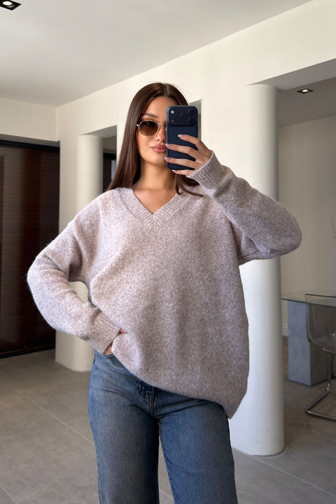 Oversize V Yaka Triko Kazak- VİZON