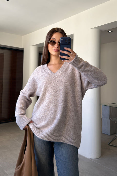 Oversize V Yaka Triko Kazak- VİZON