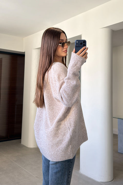 Oversize V Yaka Triko Kazak- VİZON