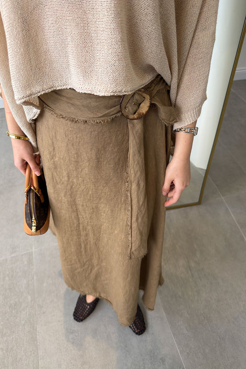 Özel İthal Seri Beli Lastikli %100Keten Etek- CAMEL