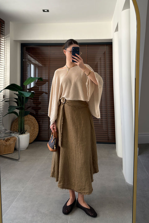 Özel İthal Seri Beli Lastikli %100Keten Etek- CAMEL