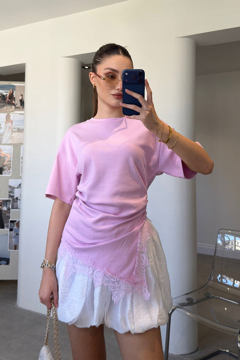 Özel Seri Asimetrik Dantelli Bluz- PEMBE