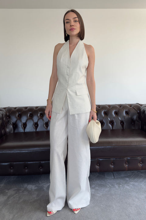 Özel Tasarım Yelekli Keten Takım- EKRU