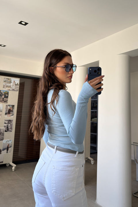 Parmak Geçmeli Uzun Kollu Body- BEBE MAVİSİ