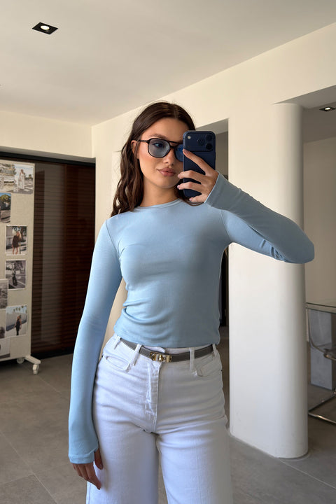 Parmak Geçmeli Uzun Kollu Body- BEBE MAVİSİ