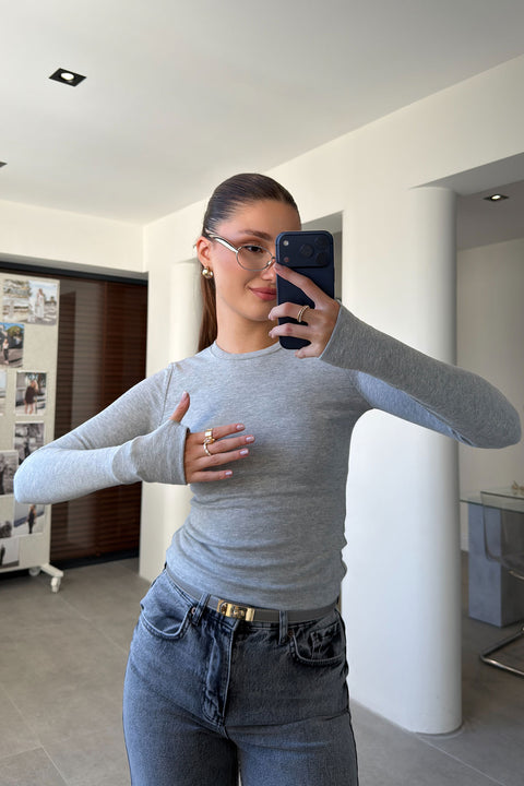 Parmak Geçmeli Uzun Kollu Body- GRİ