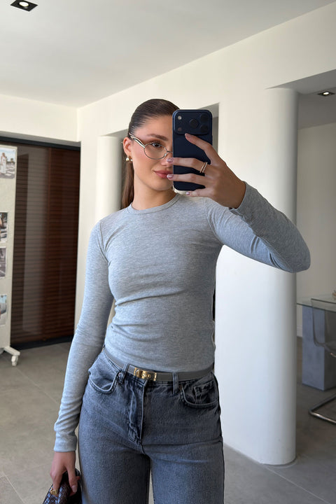 Parmak Geçmeli Uzun Kollu Body- GRİ