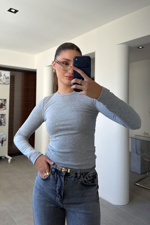 Parmak Geçmeli Uzun Kollu Body- GRİ