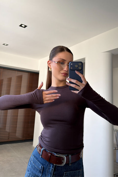 Parmak Geçmeli Uzun Kollu Body- KAHVERENGİ