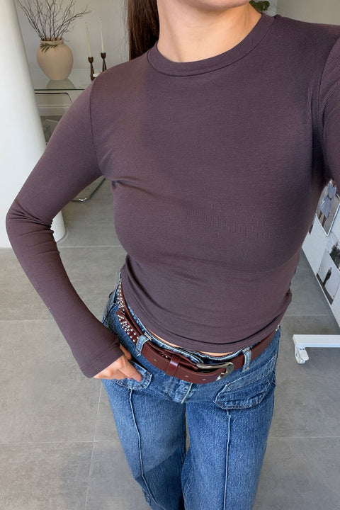 Parmak Geçmeli Uzun Kollu Body- KAHVERENGİ
