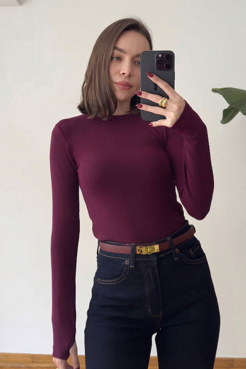 Parmak Geçmeli Uzun Kollu Body- KIRMIZI