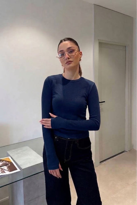 Parmak Geçmeli Uzun Kollu Body- LACİVERT