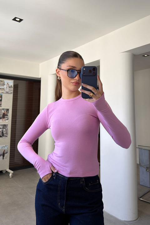 Parmak Geçmeli Uzun Kollu Body- PEMBE