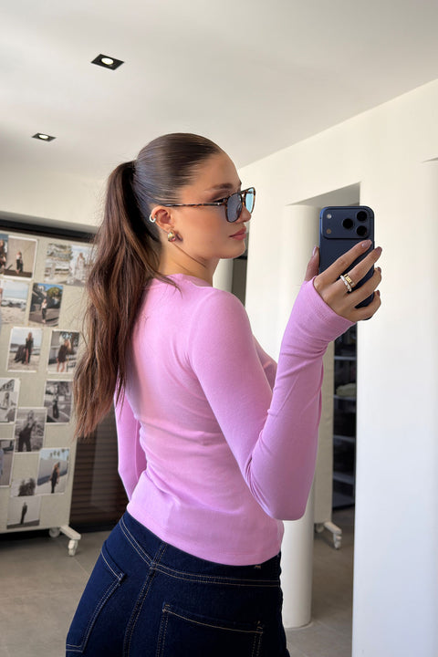 Parmak Geçmeli Uzun Kollu Body- PEMBE