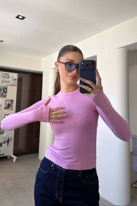 Parmak Geçmeli Uzun Kollu Body- PEMBE