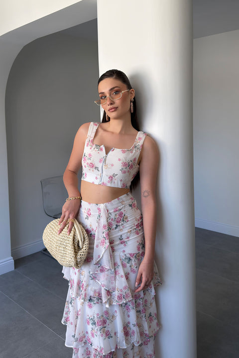 Pembe Çiçek Desenli Crop Bluz İkili Takım- EKRU