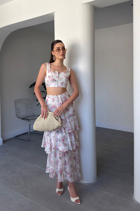 Pembe Çiçek Desenli Crop Bluz İkili Takım- EKRU