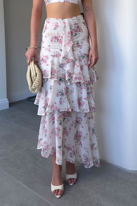 Pembe Çiçek Desenli Crop Bluz İkili Takım- EKRU