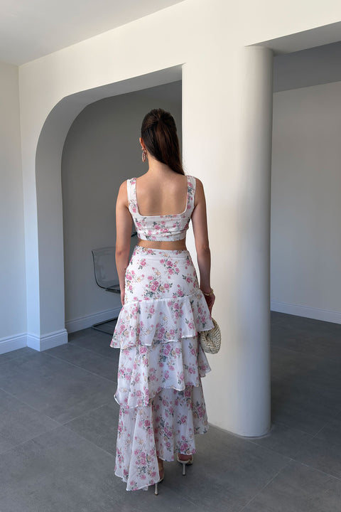 Pembe Çiçek Desenli Crop Bluz İkili Takım- EKRU