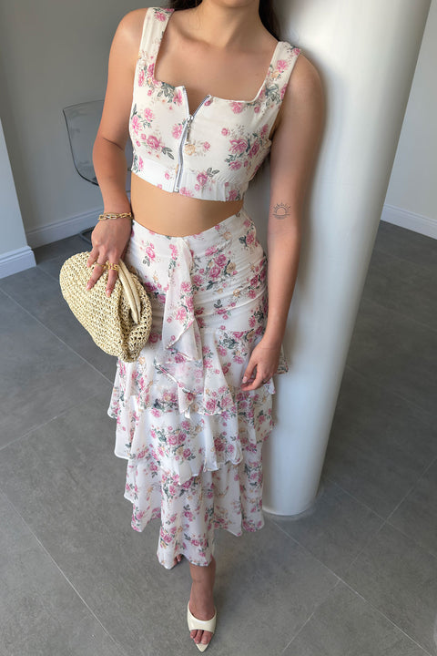 Pembe Çiçek Desenli Crop Bluz İkili Takım- EKRU