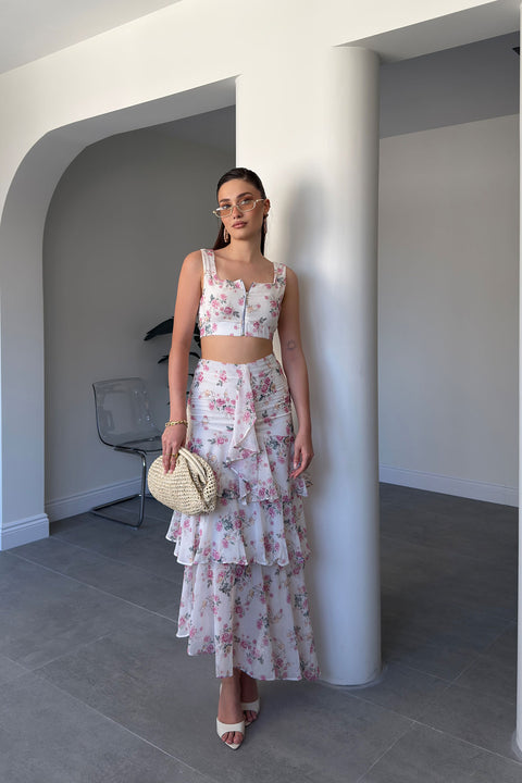 Pembe Çiçek Desenli Crop Bluz İkili Takım- EKRU