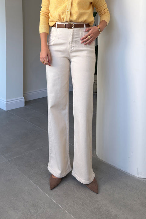 PENS DETAYLI KEMERLİ WIDE LEG JEAN- BEJ