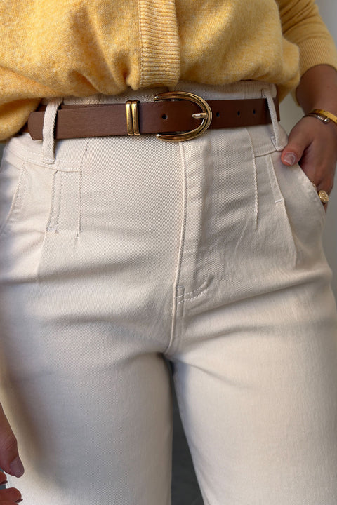 PENS DETAYLI KEMERLİ WIDE LEG JEAN- BEJ