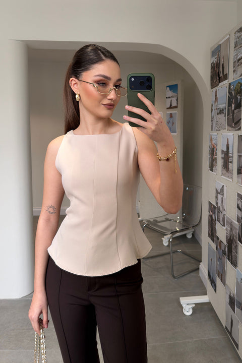 Peplum Detaylı Yandan Fermuarlı Bluz- BEJ