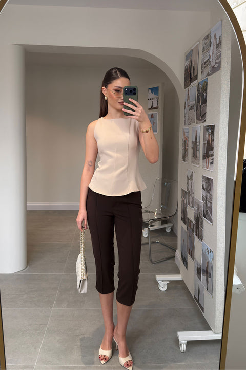 Peplum Detaylı Yandan Fermuarlı Bluz- BEJ