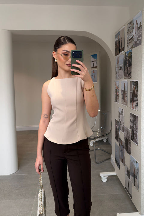 Peplum Detaylı Yandan Fermuarlı Bluz- BEJ