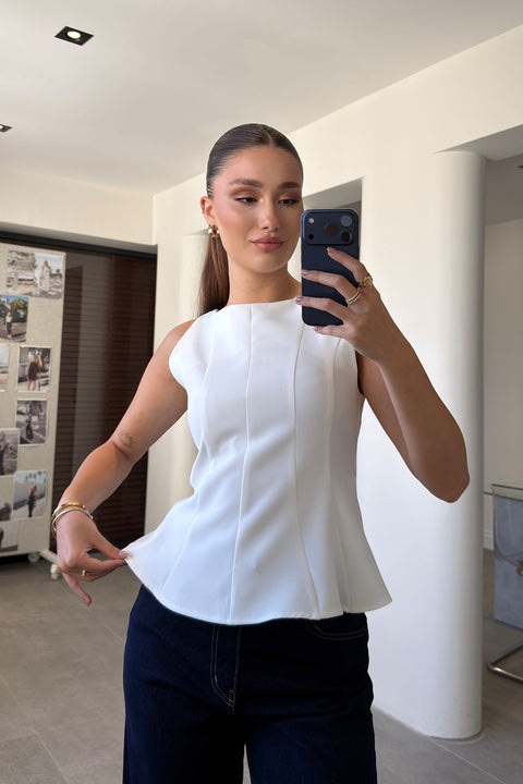 Peplum Detaylı Yandan Fermuarlı Bluz- BEYAZ