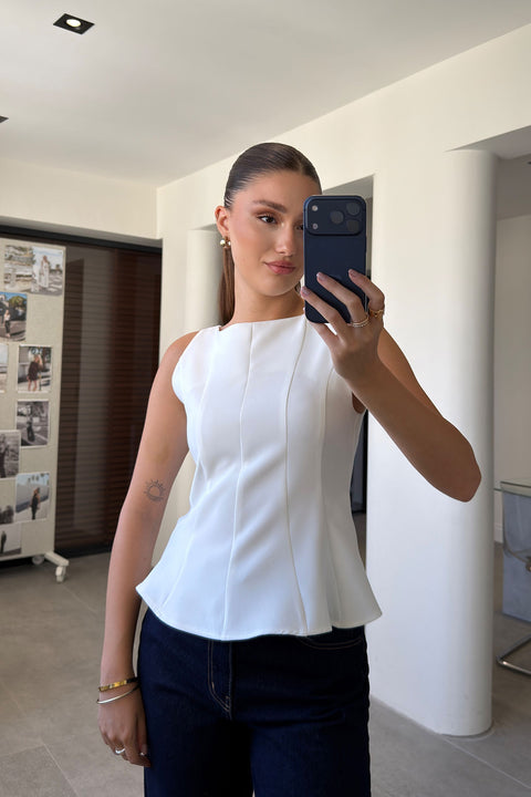 Peplum Detaylı Yandan Fermuarlı Bluz- BEYAZ