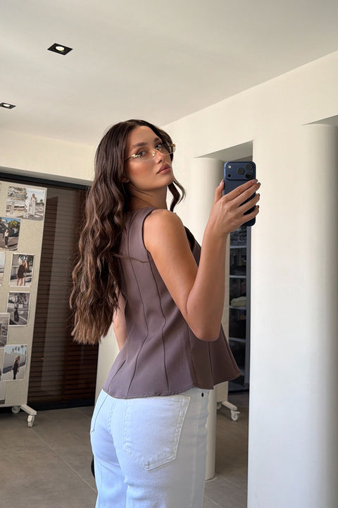 Peplum Detaylı Yandan Fermuarlı Bluz- KAHVERENGİ