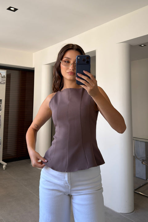 Peplum Detaylı Yandan Fermuarlı Bluz- KAHVERENGİ