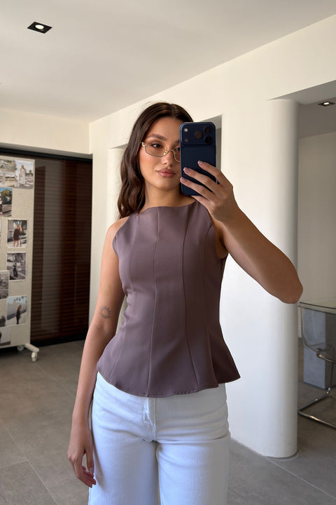 Peplum Detaylı Yandan Fermuarlı Bluz- KAHVERENGİ