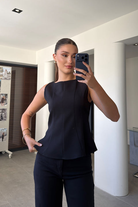 Peplum Detaylı Yandan Fermuarlı Bluz- SİYAH
