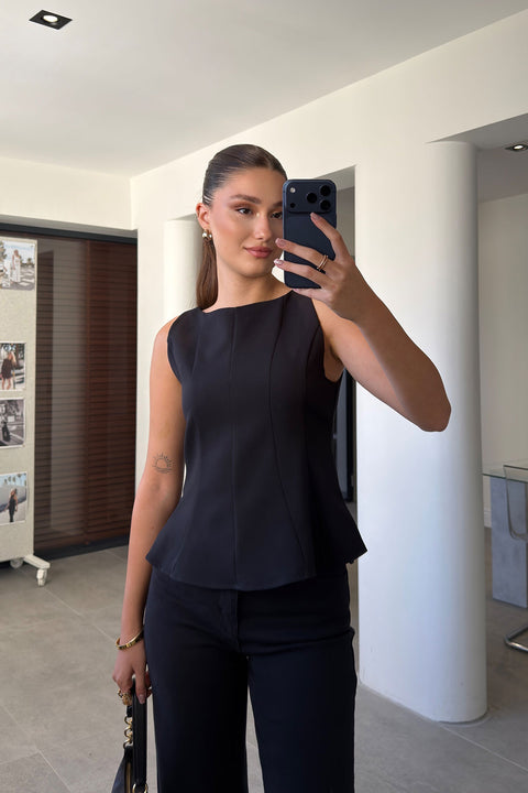 Peplum Detaylı Yandan Fermuarlı Bluz- SİYAH