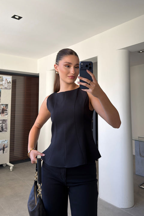 Peplum Detaylı Yandan Fermuarlı Bluz- SİYAH
