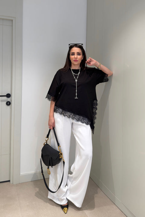 Permium Dantelli Bisiklet Yaka Bluz- SİYAH