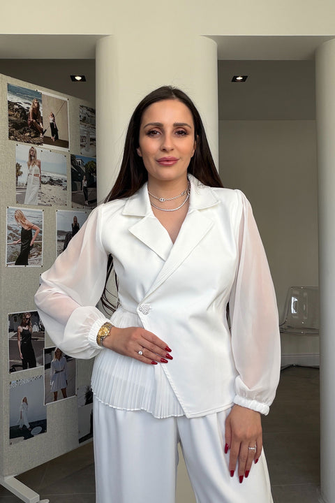 Pilise Detaylı Kolları Şifon Bluz- BEYAZ