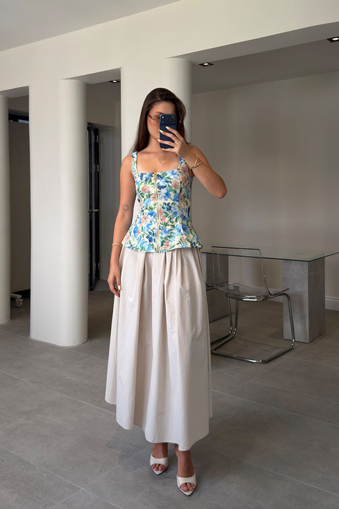 Poplin Beli Lastikli Cep Detay Etek- BEJ