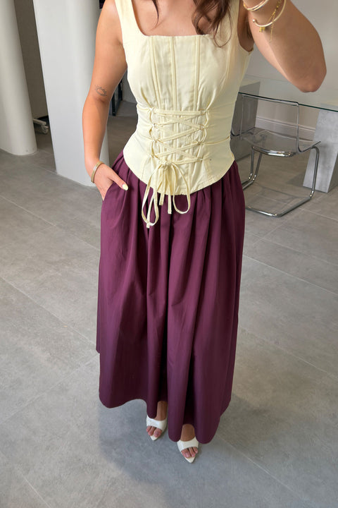 Poplin Beli Lastikli Cep Detay Etek- BORDO