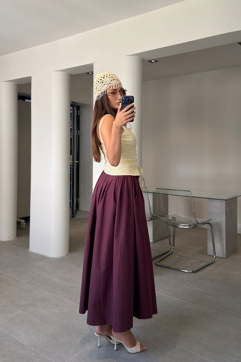 Poplin Beli Lastikli Cep Detay Etek- BORDO