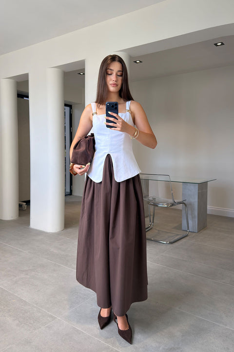 Poplin Beli Lastikli Cep Detay Etek- KAHVERENGİ