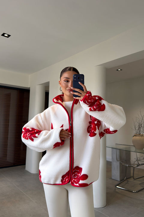 PREMİUM ÇİÇEK DESENLİ FERMUARLI POLAR HIRKA- KIRMIZI
