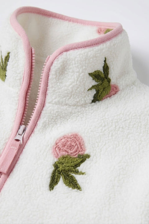 PREMİUM ÇİÇEK DESENLİ FERMUARLI POLAR HIRKA- PEMBE