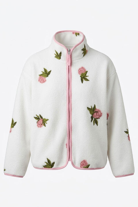 PREMİUM ÇİÇEK DESENLİ FERMUARLI POLAR HIRKA- PEMBE