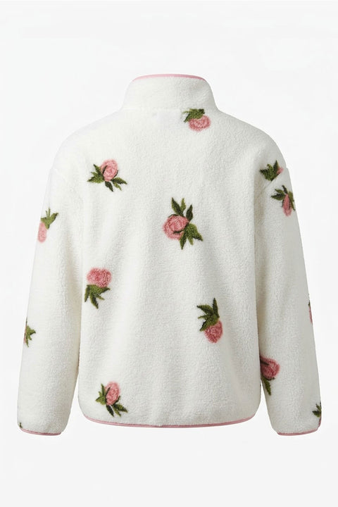 PREMİUM ÇİÇEK DESENLİ FERMUARLI POLAR HIRKA- PEMBE