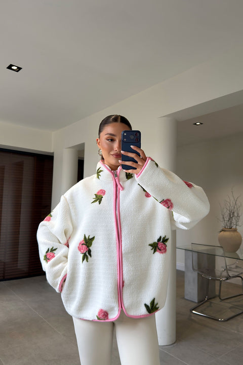 PREMİUM ÇİÇEK DESENLİ FERMUARLI POLAR HIRKA- PEMBE